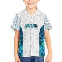 Custom New Zealand Aotearoa Family Matching Off Shoulder Short Dress and Hawaiian Shirt Maori Paua Shell Indigenous LT9 Son's Shirt Blue - Polynesian Pride