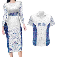 Custom New Zealand Aotearoa Couples Matching Long Sleeve Bodycon Dress and Hawaiian Shirt Purple Maori Paua Shell Indigenous - Polynesian Pride