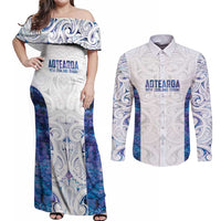 Custom New Zealand Aotearoa Couples Matching Off Shoulder Maxi Dress and Long Sleeve Button Shirt Purple Maori Paua Shell Indigenous LT9 Purple - Polynesian Pride