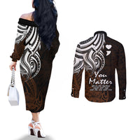 Your Matter Suicide Prevention Couples Matching Off The Shoulder Long Sleeve Dress and Long Sleeve Button Shirts Gold Polynesian Tribal LT9 - Polynesian Pride
