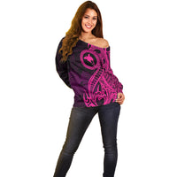 Papua New Guinea Island Off Shoulder Sweater Bird of Paradise with Pink Polynesian Tribal LT9 - Polynesian Pride