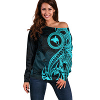 Papua New Guinea Island Off Shoulder Sweater Bird of Paradise with Aqua Polynesian Tribal LT9 Women Aqua - Polynesian Pride