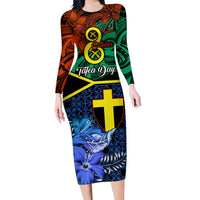 Tafea Day Family Matching Long Sleeve Bodycon Dress and Hawaiian Shirt Vanuatu Sand Drawing With Polynesian Pattern LT9 Mom's Dress Blue - Polynesian Pride