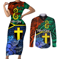 personalised-tafea-day-couples-matching-short-sleeve-bodycon-dress-and-long-sleeve-button-shirts-vanuatu-sand-drawing-with-polynesian-pattern