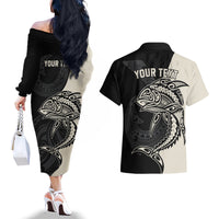 Personalised Polynesia Fishing Couples Matching Off The Shoulder Long Sleeve Dress and Hawaiian Shirt With Maori Hei Matau Fish Hook Gold Art LT9 - Polynesian Pride