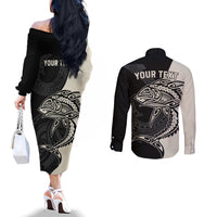 Personalised Polynesia Fishing Couples Matching Off The Shoulder Long Sleeve Dress and Long Sleeve Button Shirts With Maori Hei Matau Fish Hook Gold Art LT9 - Polynesian Pride