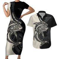 Personalised Polynesia Fishing Couples Matching Short Sleeve Bodycon Dress and Hawaiian Shirt With Maori Hei Matau Fish Hook Gold Art LT9 Gold - Polynesian Pride