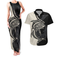 Personalised Polynesia Fishing Couples Matching Tank Maxi Dress and Hawaiian Shirt With Maori Hei Matau Fish Hook Gold Art LT9 Gold - Polynesian Pride
