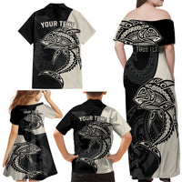 Personalised Polynesia Fishing Family Matching Off Shoulder Maxi Dress and Hawaiian Shirt With Maori Hei Matau Fish Hook Gold Art LT9 - Polynesian Pride