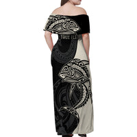 Personalised Polynesia Fishing Family Matching Off Shoulder Maxi Dress and Hawaiian Shirt With Maori Hei Matau Fish Hook Gold Art LT9 - Polynesian Pride