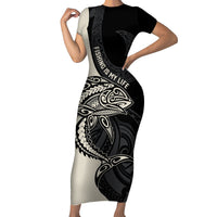 Personalised Polynesia Fishing Short Sleeve Bodycon Dress With Maori Hei Matau Fish Hook Gold Art LT9 Long Dress Gold - Polynesian Pride