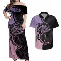 Personalised Polynesia Fishing Couples Matching Off Shoulder Maxi Dress and Hawaiian Shirt With Maori Hei Matau Fish Hook Pastel Art LT9 Pastel - Polynesian Pride