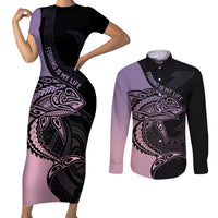 Personalised Polynesia Fishing Couples Matching Short Sleeve Bodycon Dress and Long Sleeve Button Shirts With Maori Hei Matau Fish Hook Pastel Art LT9 Pastel - Polynesian Pride