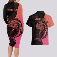 Personalised Polynesia Fishing Couples Matching Long Sleeve Bodycon Dress and Hawaiian Shirt With Maori Hei Matau Fish Hook Pink Art LT9 - Polynesian Pride