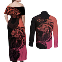 Personalised Polynesia Fishing Couples Matching Off Shoulder Maxi Dress and Long Sleeve Button Shirts With Maori Hei Matau Fish Hook Pink Art LT9 - Polynesian Pride