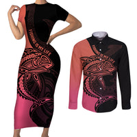 Personalised Polynesia Fishing Couples Matching Short Sleeve Bodycon Dress and Long Sleeve Button Shirts With Maori Hei Matau Fish Hook Pink Art LT9 Pink - Polynesian Pride