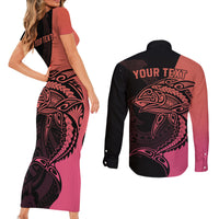 Personalised Polynesia Fishing Couples Matching Short Sleeve Bodycon Dress and Long Sleeve Button Shirts With Maori Hei Matau Fish Hook Pink Art LT9 - Polynesian Pride