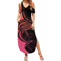 Personalised Polynesia Fishing Family Matching Summer Maxi Dress and Hawaiian Shirt With Maori Hei Matau Fish Hook Pink Art LT9 Mom's Dress Pink - Polynesian Pride