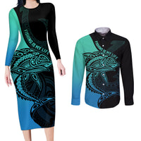 Personalised Polynesia Fishing Couples Matching Long Sleeve Bodycon Dress and Long Sleeve Button Shirts With Maori Hei Matau Fish Hook Turquoise Art LT9 Turquoise - Polynesian Pride