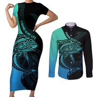 Personalised Polynesia Fishing Couples Matching Short Sleeve Bodycon Dress and Long Sleeve Button Shirts With Maori Hei Matau Fish Hook Turquoise Art LT9 Turquoise - Polynesian Pride