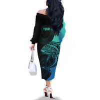 Personalised Polynesia Fishing Family Matching Off Shoulder Long Sleeve Dress and Hawaiian Shirt With Maori Hei Matau Fish Hook Turquoise Art LT9 - Polynesian Pride