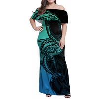 Personalised Polynesia Fishing Family Matching Off Shoulder Maxi Dress and Hawaiian Shirt With Maori Hei Matau Fish Hook Turquoise Art LT9 Mom's Dress Turquoise - Polynesian Pride