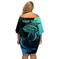 Personalised Polynesia Fishing Family Matching Off Shoulder Short Dress and Hawaiian Shirt With Maori Hei Matau Fish Hook Turquoise Art LT9 - Polynesian Pride