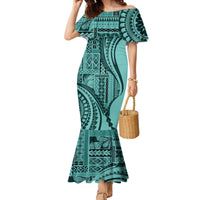 Samoa Siapo Arty Family Matching Mermaid Dress and Hawaiian Shirt Turquoise Style LT9 Mom's Dress Turquoise - Polynesian Pride