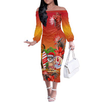 Personalised Wishes in Tahitian Christmas Family Matching Off Shoulder Long Sleeve Dress and Hawaiian Shirt French Polynesia Santa Beach LT9 Mom's Dress Red - Polynesian Pride