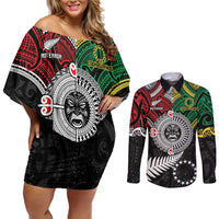 Aotearoa and Cook Islands Mo Te Tiriti Couples Matching Off Shoulder Short Dress and Long Sleeve Button Shirt New Zealand Honour The Treaty Ake!Ake!Ake! LT9 Green - Polynesian Pride