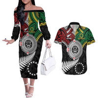 Aotearoa and Cook Islands Mo Te Tiriti Couples Matching Off The Shoulder Long Sleeve Dress and Hawaiian Shirt New Zealand Honour The Treaty Ake!Ake!Ake! LT9 Green - Polynesian Pride