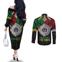Aotearoa and Cook Islands Mo Te Tiriti Couples Matching Off The Shoulder Long Sleeve Dress and Long Sleeve Button Shirt New Zealand Honour The Treaty Ake!Ake!Ake! LT9 - Polynesian Pride