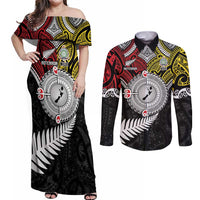 Aotearoa and Niue Mo Te Tiriti Couples Matching Off Shoulder Maxi Dress and Long Sleeve Button Shirt New Zealand Honour The Treaty Ake!Ake!Ake! LT9 Gold - Polynesian Pride