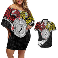 Aotearoa and Niue Mo Te Tiriti Couples Matching Off Shoulder Short Dress and Hawaiian Shirt New Zealand Honour The Treaty Ake!Ake!Ake! LT9 Gold - Polynesian Pride