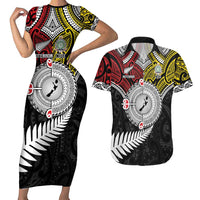 Aotearoa and Niue Mo Te Tiriti Couples Matching Short Sleeve Bodycon Dress and Hawaiian Shirt New Zealand Honour The Treaty Ake!Ake!Ake! LT9 Gold - Polynesian Pride