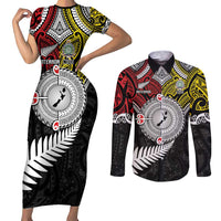 Aotearoa and Niue Mo Te Tiriti Couples Matching Short Sleeve Bodycon Dress and Long Sleeve Button Shirt New Zealand Honour The Treaty Ake!Ake!Ake! LT9 Gold - Polynesian Pride