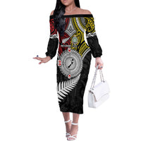 Aotearoa and Niue Mo Te Tiriti Off The Shoulder Long Sleeve Dress New Zealand Honour The Treaty Ake!Ake!Ake! LT9 Women Gold - Polynesian Pride