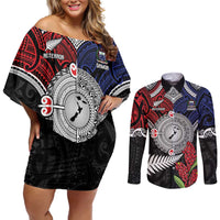 Aotearoa and Samoa Mo Te Tiriti Couples Matching Off Shoulder Short Dress and Long Sleeve Button Shirt Tangata Moana Stand with Tangata Whenua LT9 Blue - Polynesian Pride