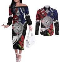 Aotearoa and Samoa Mo Te Tiriti Couples Matching Off The Shoulder Long Sleeve Dress and Long Sleeve Button Shirt Tangata Moana Stand with Tangata Whenua LT9 Blue - Polynesian Pride