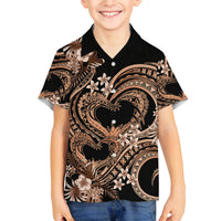 Polynesia Valentines Day Forever In My Heart Tattoo Family Matching Off Shoulder Short Dress and Hawaiian Shirt Gold Style LT9 Son's Shirt Gold - Polynesian Pride