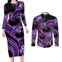 Polynesia Valentines Day Forever In My Heart Tattoo Couples Matching Long Sleeve Bodycon Dress and Long Sleeve Button Shirt Purple Style LT9 Purple - Polynesian Pride