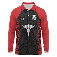 New Zealand Nurse RN 2026 Personalised Long Sleeve Polo Shirt Red Maori Pattern Cultural Pride