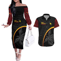 Papua New Guinea 50th Independence Day Couples Matching Off The Shoulder Long Sleeve Dress and Hawaiian Shirt Simple Oro Tapa Pattern LT9 Black - Polynesian Pride
