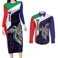 Personalised PNG Bougainville Couples Matching Long Sleeve Bodycon Dress and Long Sleeve Button Shirt Bird of Paradise Tattoo Flag Motif LT9 Blue - Polynesian Pride