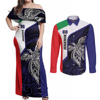 Personalised PNG Bougainville Couples Matching Off Shoulder Maxi Dress and Long Sleeve Button Shirt Bird of Paradise Tattoo Flag Motif LT9 Blue - Polynesian Pride