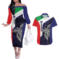 Personalised PNG Bougainville Couples Matching Off The Shoulder Long Sleeve Dress and Hawaiian Shirt Bird of Paradise Tattoo Flag Motif LT9 Blue - Polynesian Pride