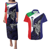 Personalised PNG Bougainville Couples Matching Puletasi and Hawaiian Shirt Bird of Paradise Tattoo Flag Motif LT9 Blue - Polynesian Pride