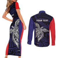 Personalised PNG Bougainville Couples Matching Short Sleeve Bodycon Dress and Long Sleeve Button Shirt Bird of Paradise Tattoo Flag Motif LT9 - Polynesian Pride