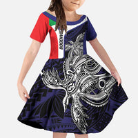 Personalised PNG Bougainville Family Matching Summer Maxi Dress and Hawaiian Shirt Bird of Paradise Tattoo Flag Motif LT9 Daughter's Dress Blue - Polynesian Pride