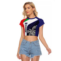 Personalised PNG Bougainville Raglan Cropped T Shirt Bird of Paradise Tattoo Flag Motif LT9 Female Blue - Polynesian Pride